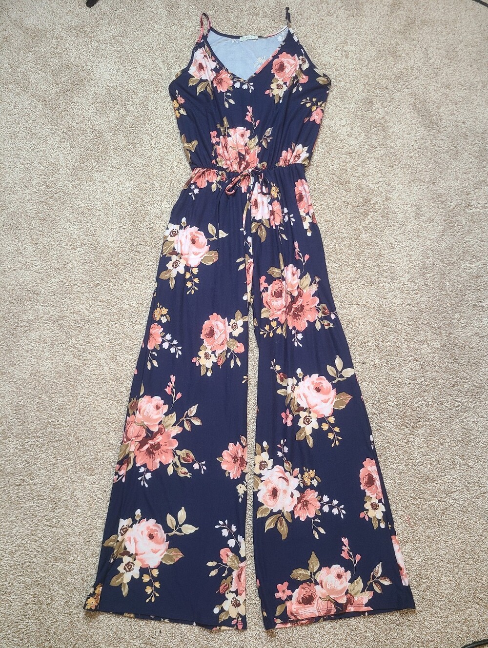 Jodifl Navy Pink Floral Jumpsuit Spaghetti Strap Pockets